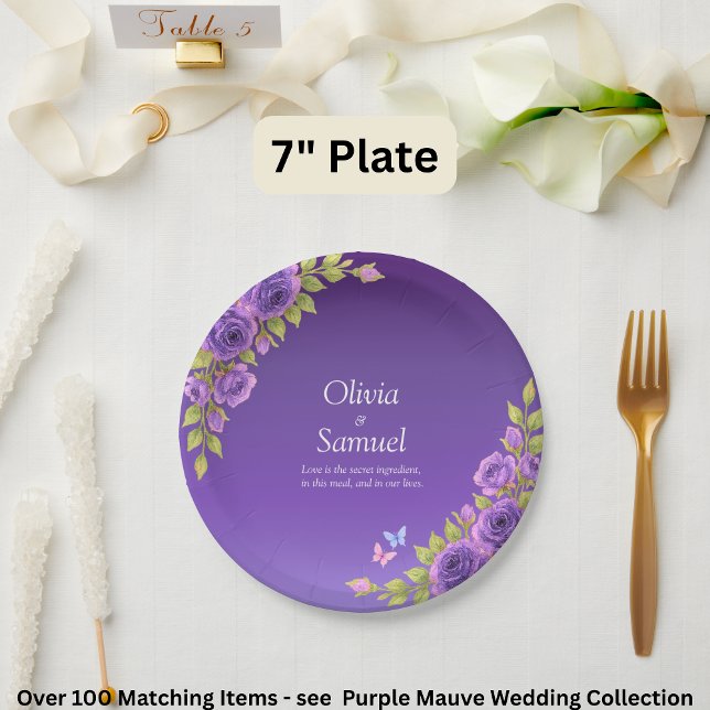 Plato De Papel Flores malvas moradas y suite Boda blanca de 7" (Subido por el creador)