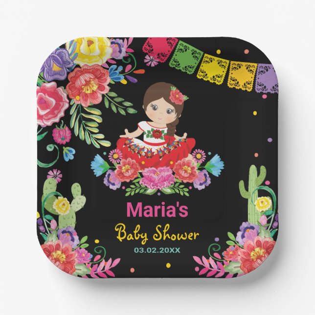Plato De Papel Flores mexicanas vibrantes Señorita Chica Baby Sho (Anverso)