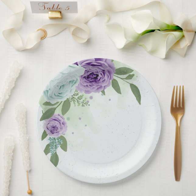 Plato De Papel flores moradas azules verde botánico (Boda)