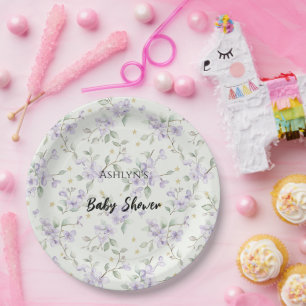 Plato De Papel Flores Moradas Estrellas Doradas Lunas Baby Shower