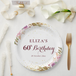 Plato De Papel Flores moradas fiesta de cumpleaños número 60