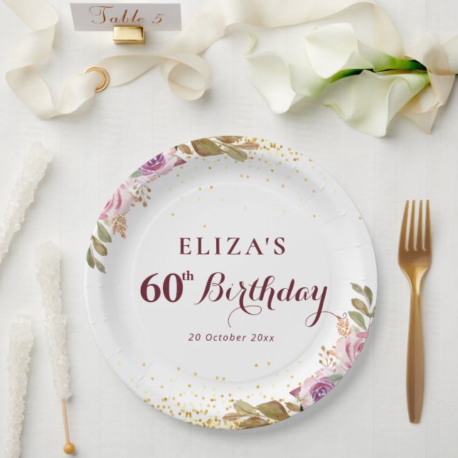 Plato De Papel Flores moradas fiesta de cumpleaños número 60 (Boda)