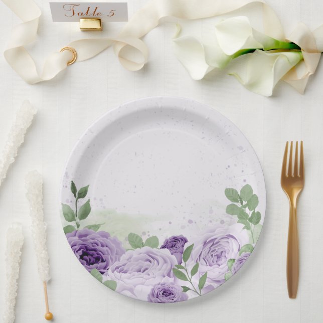 Plato De Papel flores moradas románticas hojas verdes botánicas (Boda)