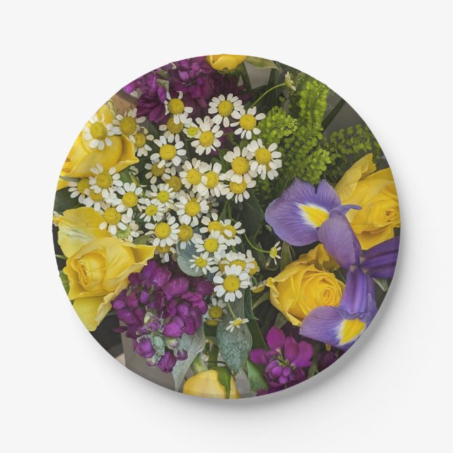 Plato De Papel Flores moradas y amarillas (Anverso)