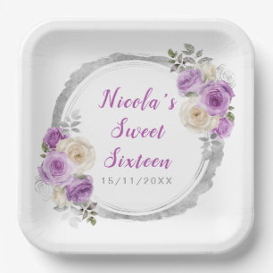 Plato De Papel Flores moradas y plateadas elegantes dulces Diecis