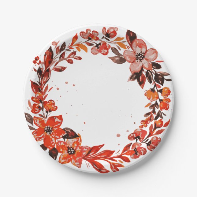 Plato De Papel Flores naranjas acuarelas (Anverso)