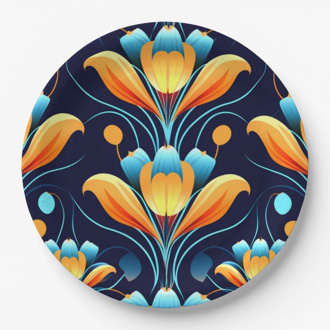 Plato De Papel flores naranjas azules Art Deco (Anverso)
