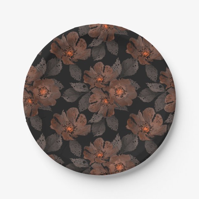 Plato De Papel Flores naranjas y marrones sobre un fondo negro. (Anverso)