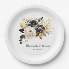 Plato De Papel Flores Negras Blancas Doradas