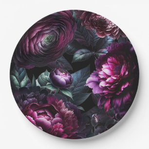 Plato De Papel Flores Negras Encantadas Florales Audaces y Capric