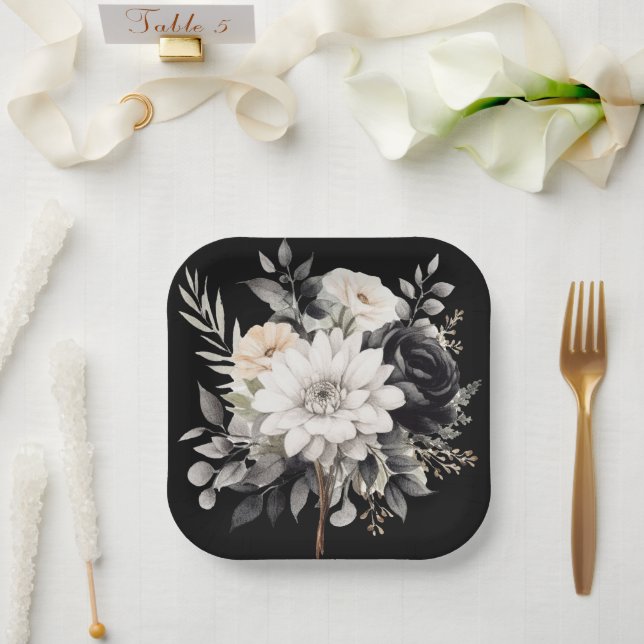 Plato De Papel Flores negras y grises (Boda)
