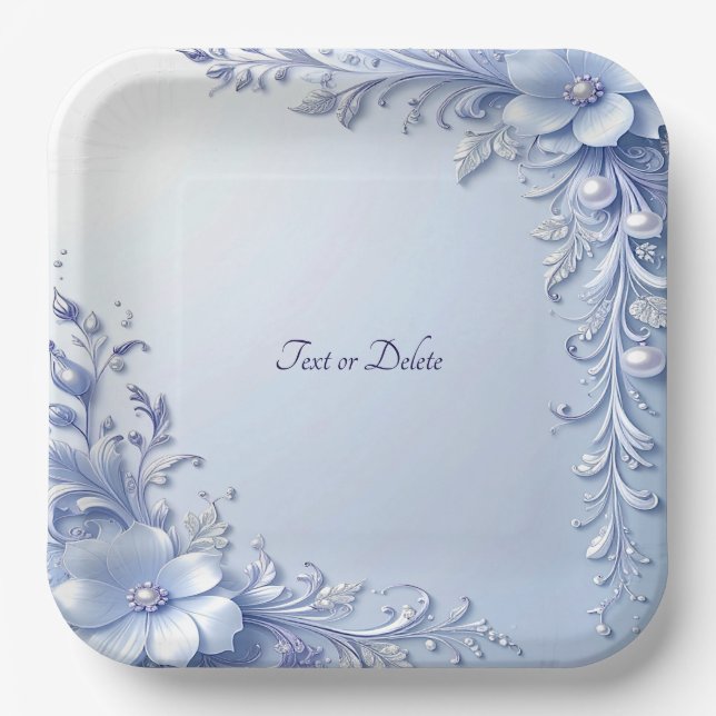 Plato de Papel Flores Ornamentadas Azules con Perl (Anverso)