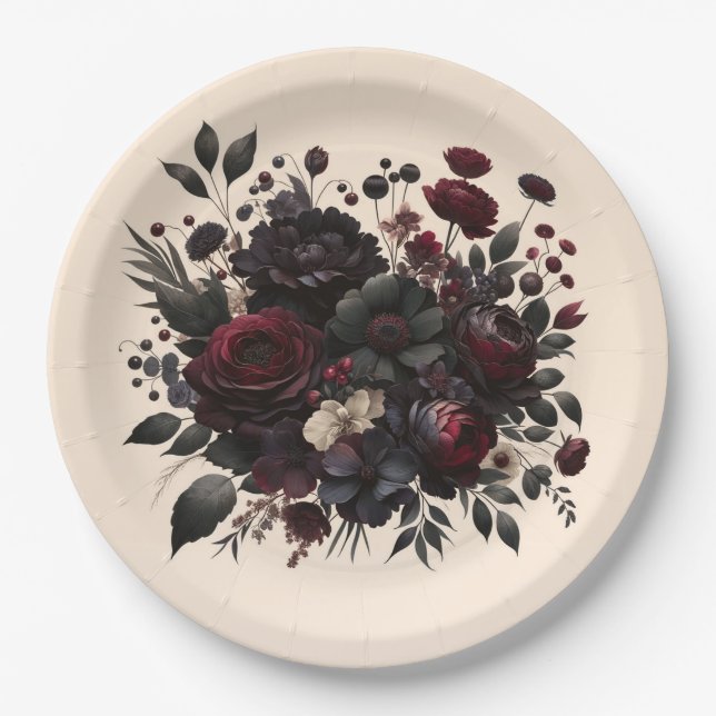 Plato De Papel Flores oscuras y elegantes flores crema boda flora (Anverso)