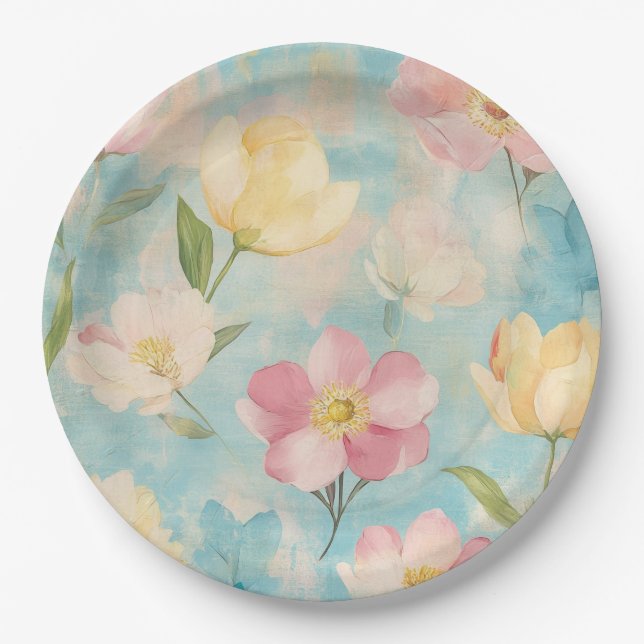 Plato De Papel Flores pastel. Belleza de jardín.  (Anverso)