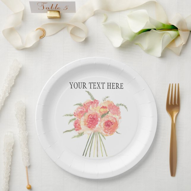 Plato De Papel Flores peónicas pastel boda rústico acuarela (Boda)
