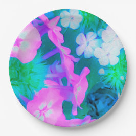 Plato De Papel Flores Phlox en los jardines rosa, verde, azul y b
