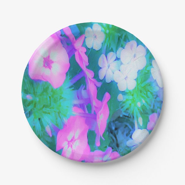 Plato De Papel Flores Phlox en los jardines rosa, verde, azul y b (Anverso)