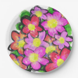Plato De Papel Flores pintadas de color rosa