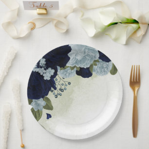 Plato De Papel flores polvorientas azules y azul marino