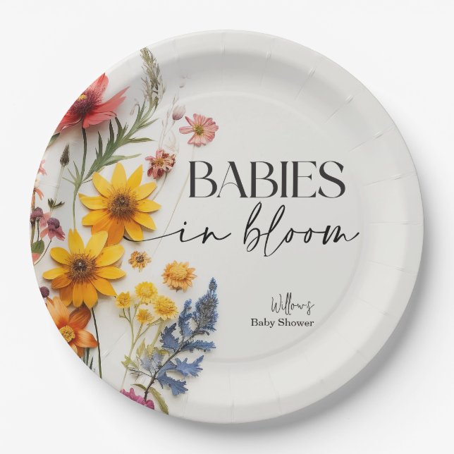 Plato De Papel Flores presionadas Wildflower Twins Baby Shower (Anverso)