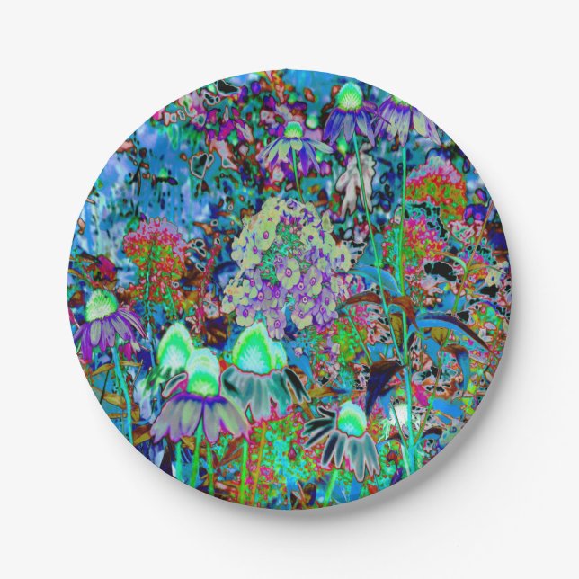 Plato De Papel Flores psicodélicas moradas y verdes del jardín li (Anverso)