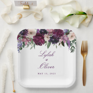 Plato De Papel Flores púrpura exuberantes Boda romántico
