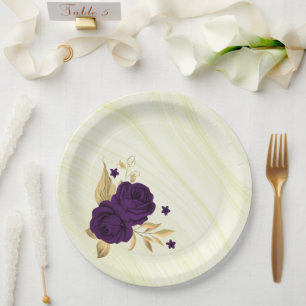 Plato De Papel flores púrpura reales hojas doradas mármol
