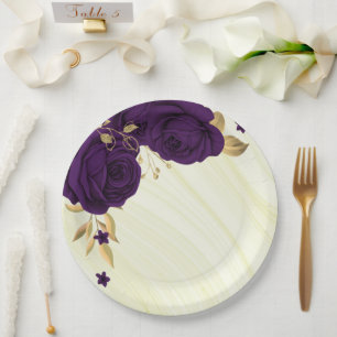 Plato De Papel flores púrpura reales hojas doradas mármol