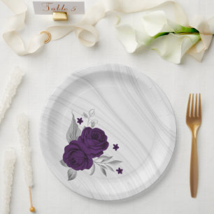Plato De Papel flores púrpura reales hojas plateadas mármol