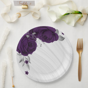 Plato De Papel flores púrpura reales mármol hojas plateadas
