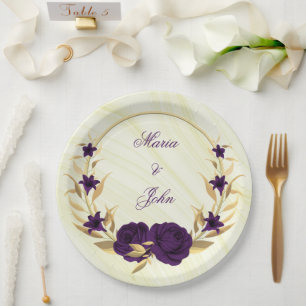 Plato De Papel flores reales moradas hojas de oro de flores de co