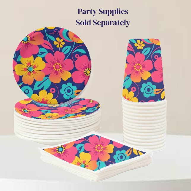 Plato De Papel Flores retro brillantes y audaces - Estilo dopamin (Bright and Bold Retro Flowers-Dopamine Style Party supplies paper plate, napkins, and cups)