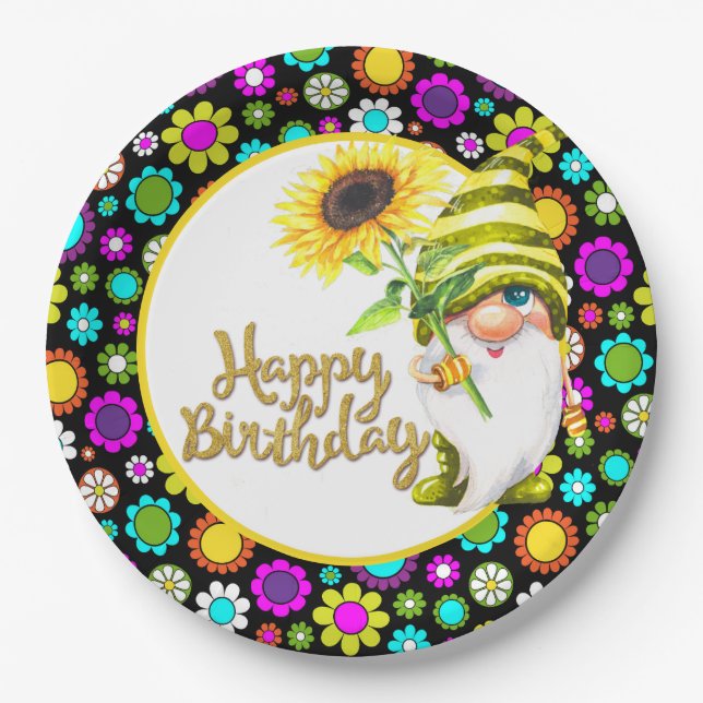 Plato De Papel Flores Retro Cumpleaños Gnomo (Anverso)