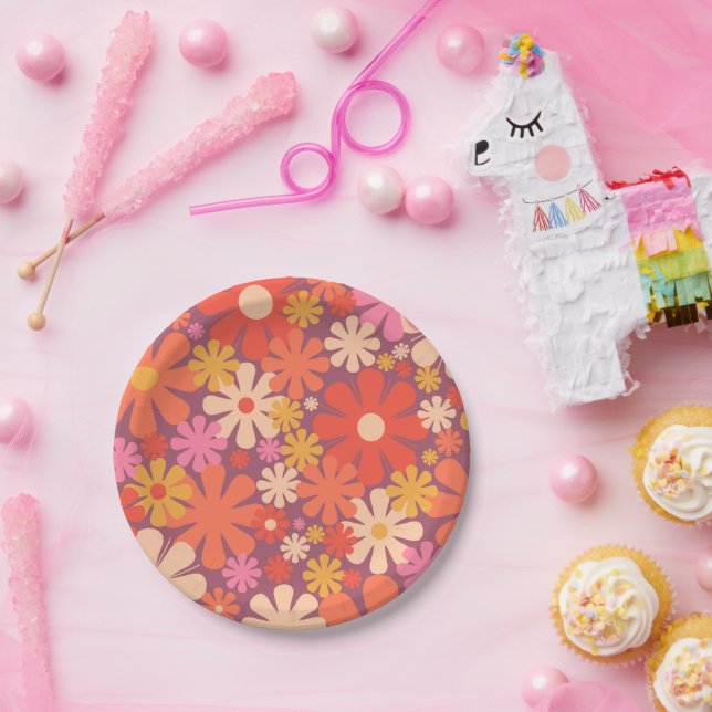 Plato De Papel Flores retro patrón estético floral de los años 60 (Fiesta)