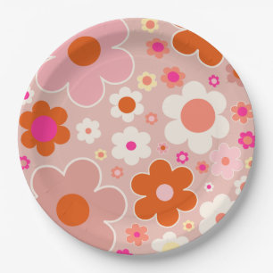Plato De Papel Flores retro Peach Rubor Naranja rosa Floral