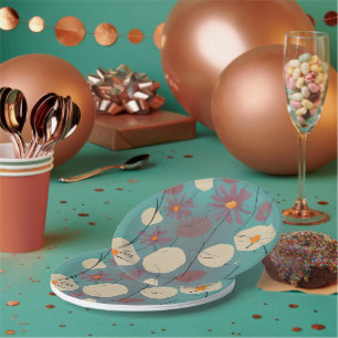 Plato De Papel Flores retro rosadas y blancas