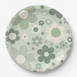 Plato De Papel Flores Retro Sage Green Abstract Floral