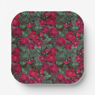 Plato De Papel Flores rojas, acuarela floral.
