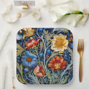 Plato De Papel Flores rojas azules estilo William Morris