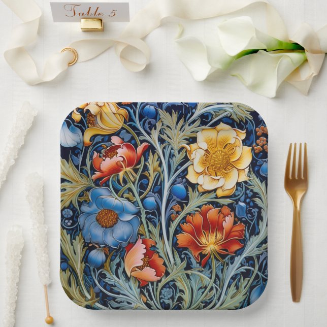 Plato De Papel Flores rojas azules estilo William Morris (Boda)