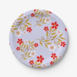 Plato De Papel Flores rojas bonitas de estilo vintage en patrón a