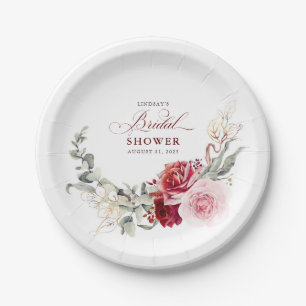 Plato De Papel Flores rojas de Borgoña, elegante ducha de novia b