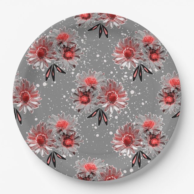 Plato De Papel Flores rojas en gris (Anverso)