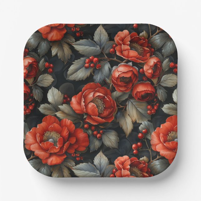 Plato De Papel Flores rojas en negro (Anverso)