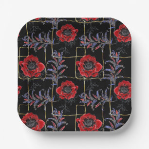 Plato De Papel Flores rojas en negro.
