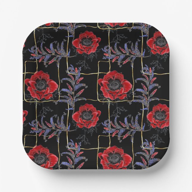 Plato De Papel Flores rojas en negro. (Anverso)