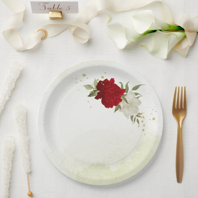 Plato De Papel flores rojas hojas verdes boda (Boda)