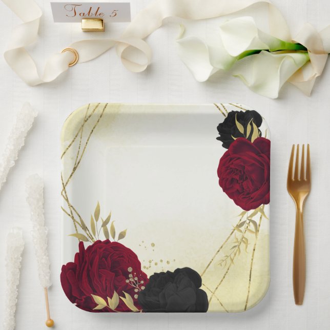 Plato De Papel flores rojas negras hojas de oro boda (Boda)