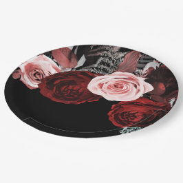 Plato De Papel Flores Rojas Oscuras y Rosadas Vegetación Floral B