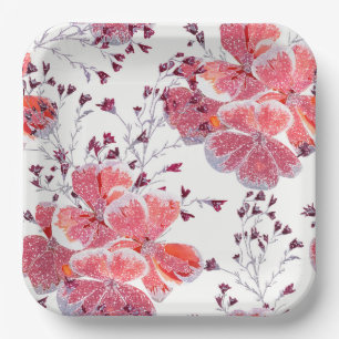 Plato De Papel Flores rojas rosadas sobre blanco.